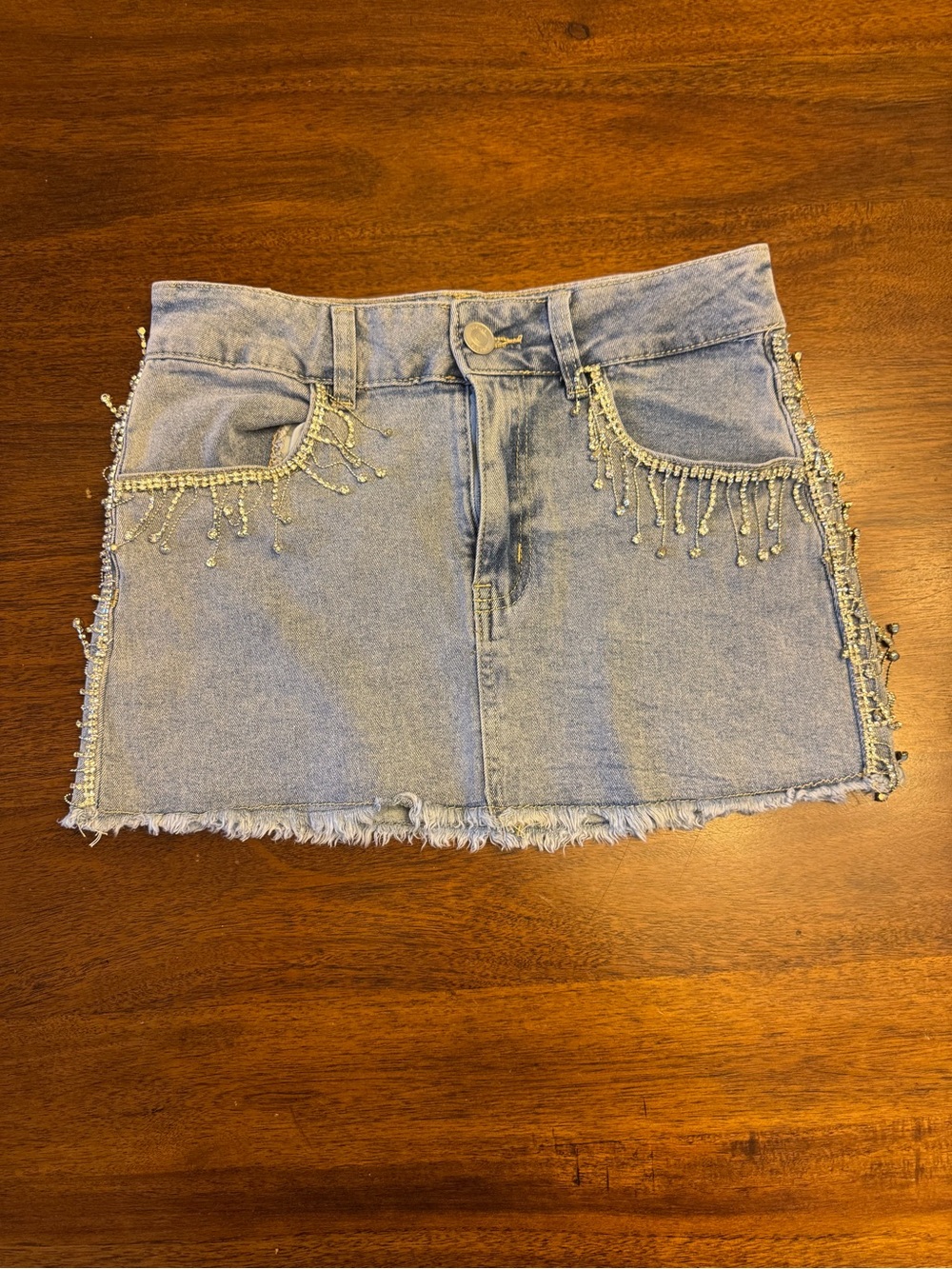 Rue21 Light Blue Denim Mini Skirt with Beaded Fringe